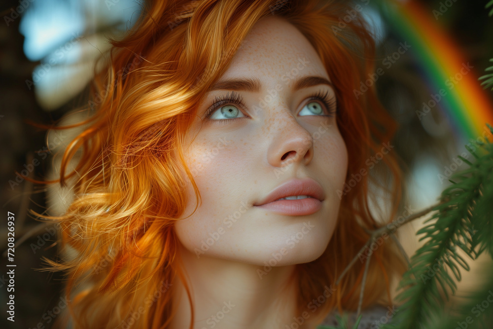 A young Irish woman with fiery red hair exudes excitement and