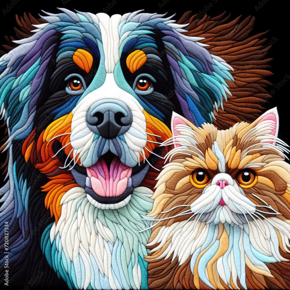 Felt art patchwork, Portrait of Happy dog and cat Felt art patchwork, Portrait of Happy dog and cat