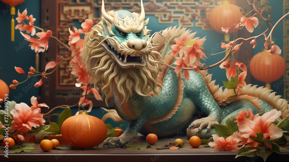 Obraz premium Green dragon symbol of chinese new year, tatsu, Eastern mythology, strength, wisdom and good luck. imperial authority and celestial energy culture and folklore zodiac sign banner poster copy space.