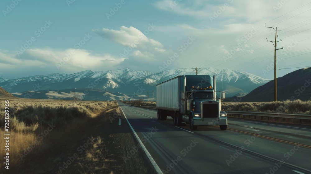 American truck, driving a highway with mountains in background