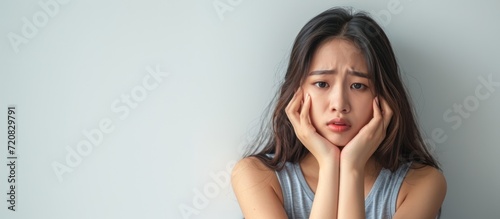Asian woman stressed and disappointed due to failed weight loss after dieting.