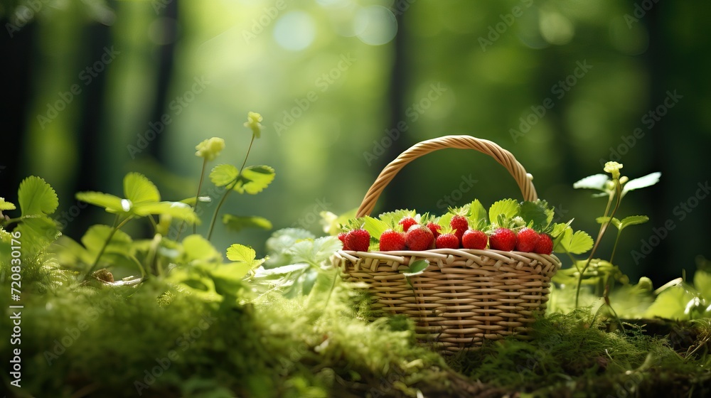 Closeup of Wild Strawberry Bushes in Forest with Wicker Basket and Dew on Grass AI Generated - obrazy, fototapety, plakaty 