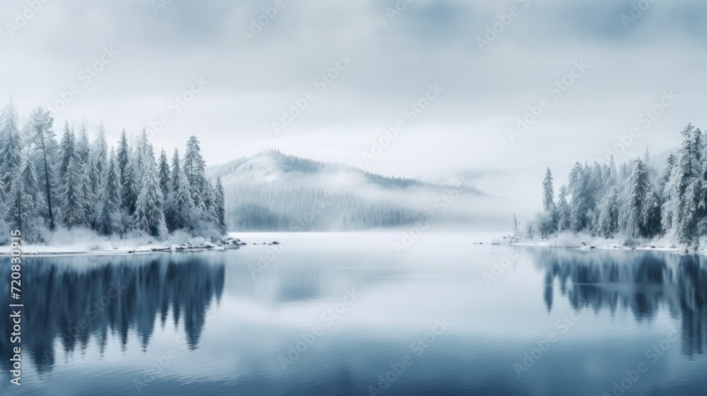 Winter Lake and Snowy Coniferous Forest Landscape AI Generated