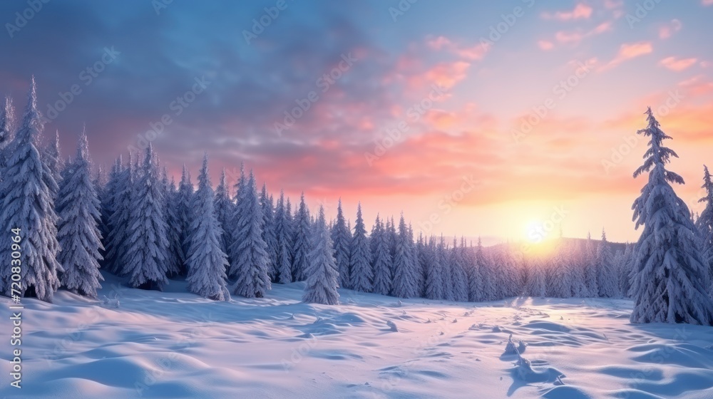 Winter Landscape Wallpaper with Snowy Pine Forest at Sunset AI Generated