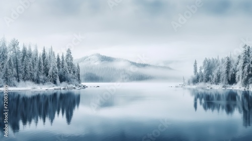Winter Lake and Snowy Coniferous Forest Landscape AI Generated © Alex