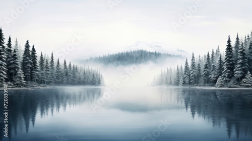 Winter Lake and Snowy Coniferous Forest Landscape AI Generated
