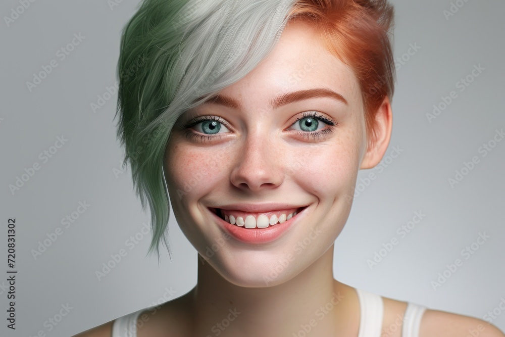 Portrait of a beautiful young woman with green hair and blue eyes Generative AI