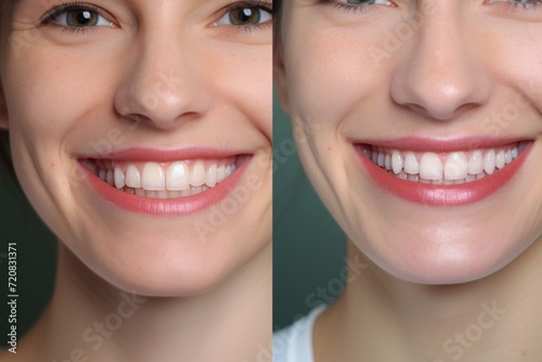 Woman teeth before and after whitening. Before and after whitening. Generative AI
