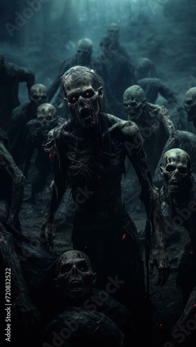 Dark Cinematic Backdrop: Zombie Horde in RGB Colors Generative AI