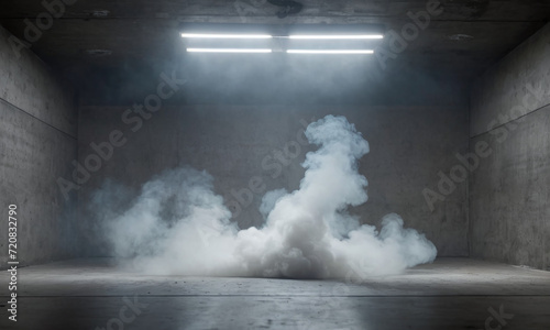light in a dark concrete floor with smoke, Background of empty room, 