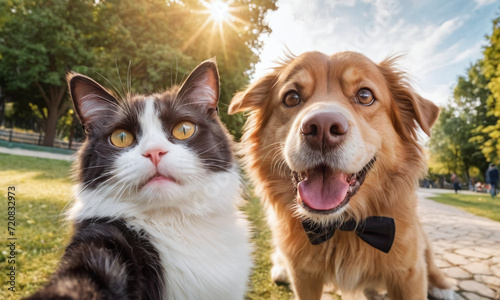 Cat and dog taking a selfie together on park outdoor 