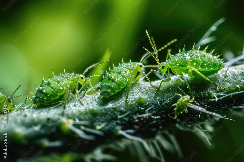 Naklejka premium Aphid Insects, Greenfly On Plant, Small Garden Parasite Animals, Aphids Pest Colony Closeup