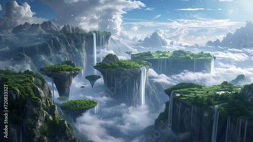 an otherworldly landscape, featuring floating islands, cascading waterfalls, and a celestial sky