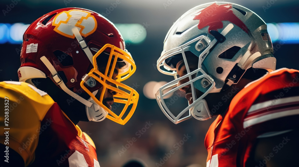 Close - up photo Two American football players in uniforms and helmets looking at each other Close - up photo Two American football players in uniforms and helmets looking at each other
