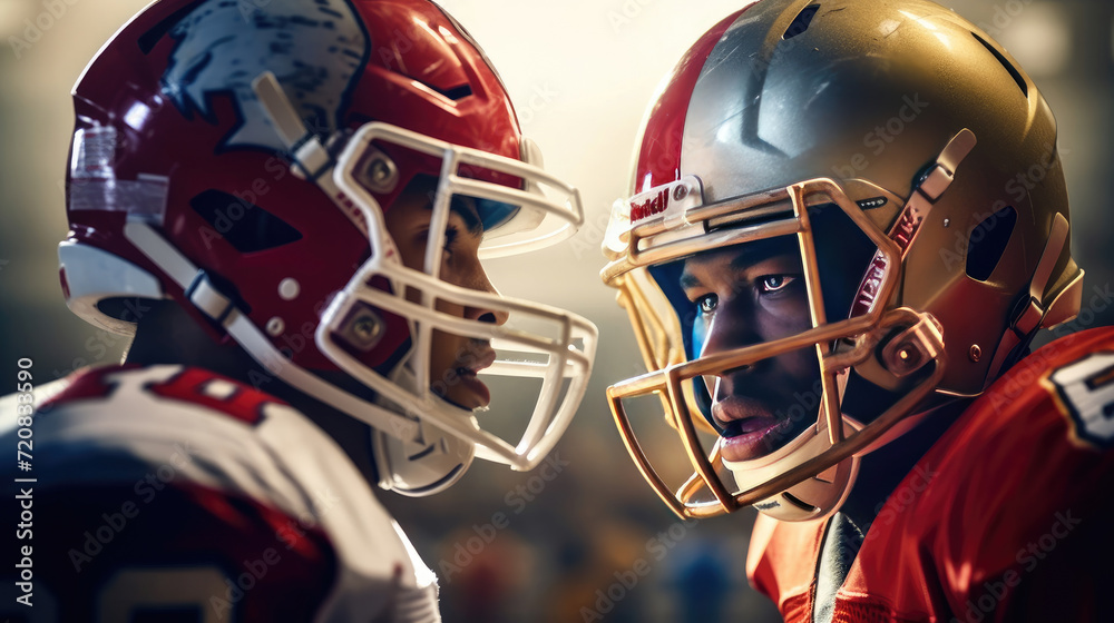 Close - up photo Two American football players in uniforms and helmets looking at each other Close - up photo Two American football players in uniforms and helmets looking at each other