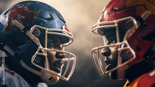 Close - up photo Two American football players in uniforms and helmets looking at each other © didiksaputra