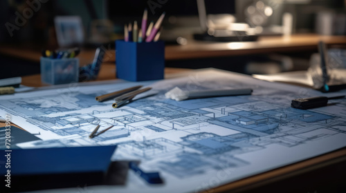 Close-up photo of a residence blueprint on a work desk