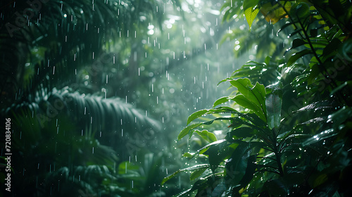 A captivating photograph of a dense jungle during a tropical rainstorm