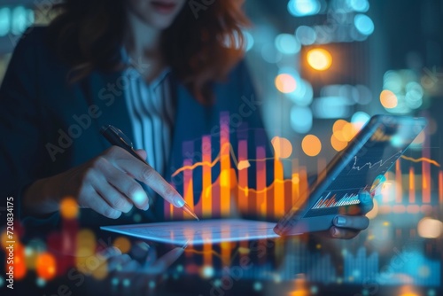 Financial analyzing and market forecast concept with young woman working with data, making notes in notebook and growing digital forex chart diagram and candlestick, double exposure