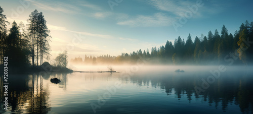 A foggy morning at a tranquil lake surrounded by trees, AI Generative.
