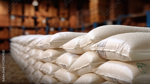 A pile of white bags of bulk rice in the warehouse