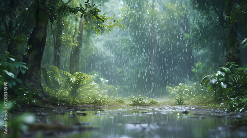 jungle scene during a heavy rain  incorporating realistic raindrop physics