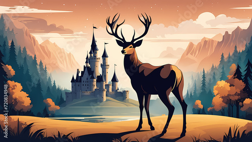 Abstract background of deer with castle background. Fantasy landscape graphic illustration. Template for your design works ready to use.