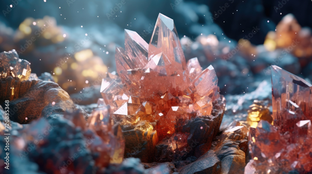 Close-up exploration of crystal majesty, portraying robust clusters in sparkling detail Close-up exploration of crystal majesty, portraying robust clusters in sparkling detail