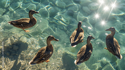 A delightful photograph capturing a group of ducks paddling in crystal-clear water photo