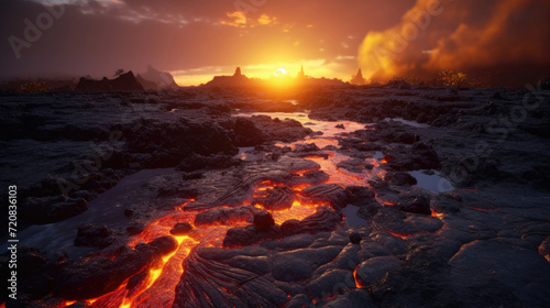 Sunset on molten lava  in Hawaii