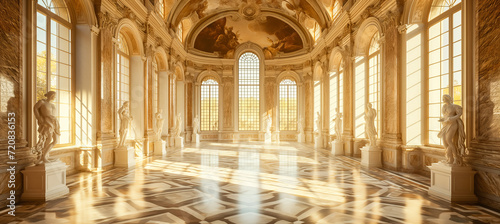 Luxury classic gold palace interior with statues and marble floor. hall of Chateau. Luxurious palace royal interior, fragment of the interior