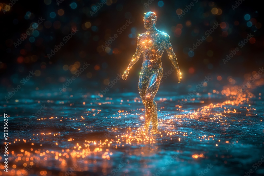 Naklejka premium A humanoid figure made of light and circuitry, representing AI, stands at the center of a vast web of connected lines and nodes that extend into the surrounding darkness.