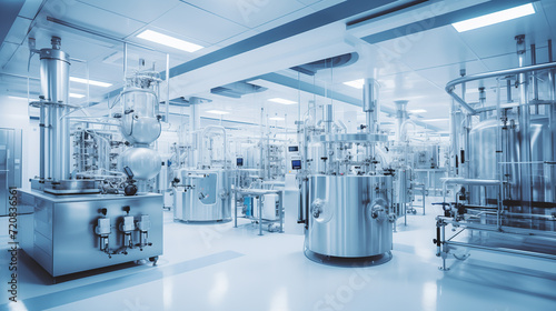 Large sterile hall with metal tanks and lab equipment. Interior of a biopharmaceutical medicine factory. Advanced technology.