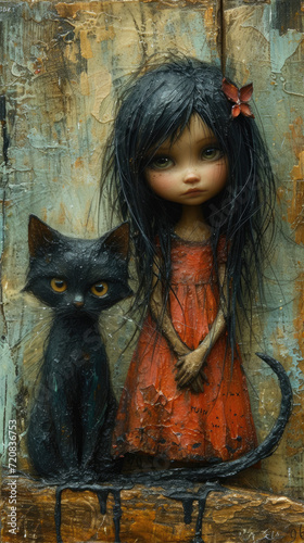 portrait of a girl with a cat. textured cold pressed paper, thick encaustic painting style