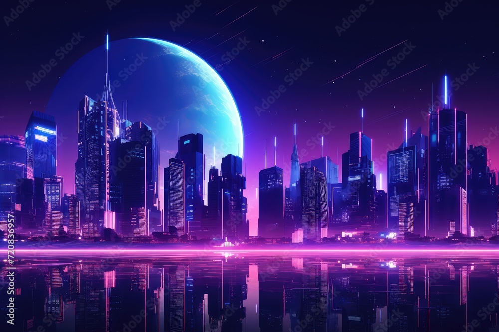 Neon Night City, Blue Synth Wave City-Line, Solid Violet Gradient Background, Copy Space, Banner
