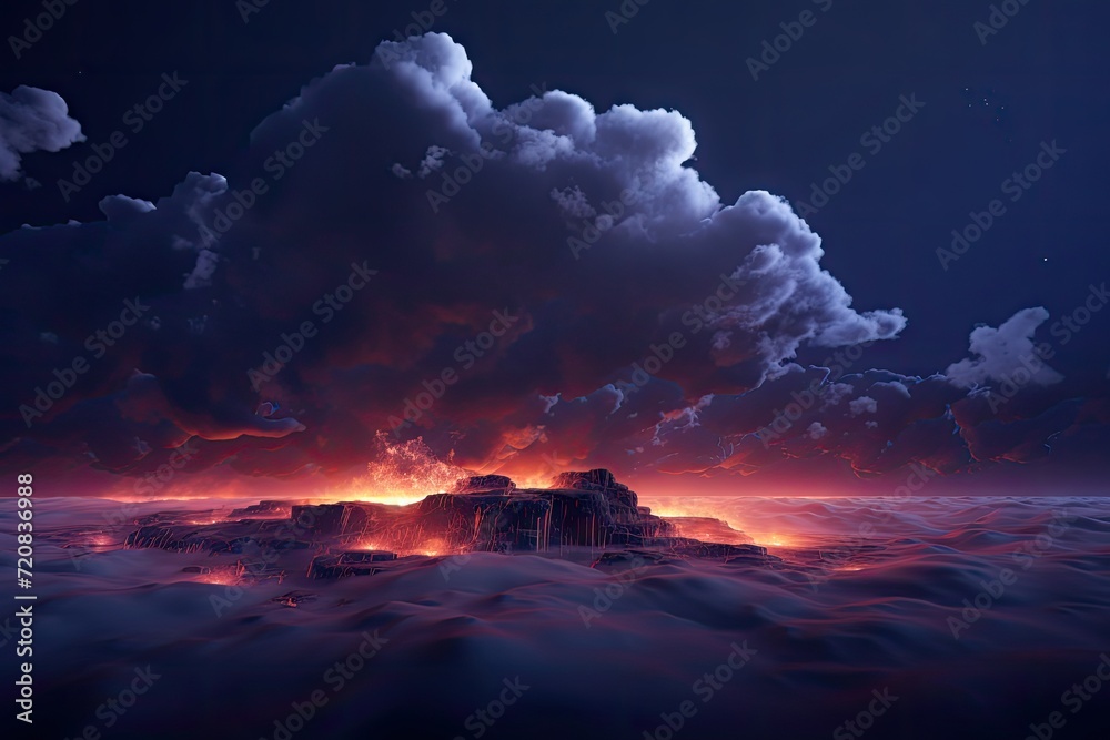 Hard Edge Night Clouds, Fantasy Sky, Glowing Burning Seascape, Fantastic Impressive Clouds Texture