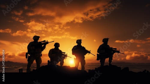 Cinematic Horizon: Soldier Silhouettes in Military Equipment AI Generated