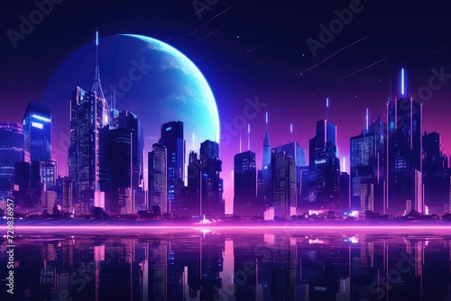 Neon Night City  Blue Synth Wave City-Line  Solid Violet Gradient Background  Copy Space  Banner