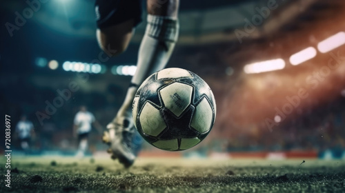 Close - up photo of a football player's foot kicking the ball