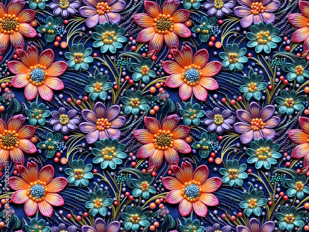 Embroidery Flower Seamless Pattern, Floral Tile with Small Beads, Embroidered Beadwork Vintage Print Embroidery Flower Seamless Pattern, Floral Tile with Small Beads, Embroidered Beadwork Vintage Print