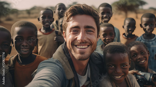 A volunteer man in an African village taking a selfie with children © didiksaputra