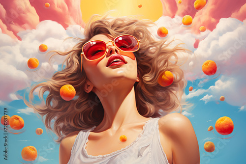 Illustration of young woman in sunglasses with flying fruits ,who enjoying summer on sky background