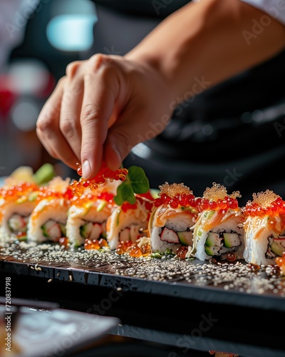 Chef's hand decorates a sushi roll ready to serve with caviar. In the background is a restaurant. Commercial food photography for a restaurant. Light background. Selective focus