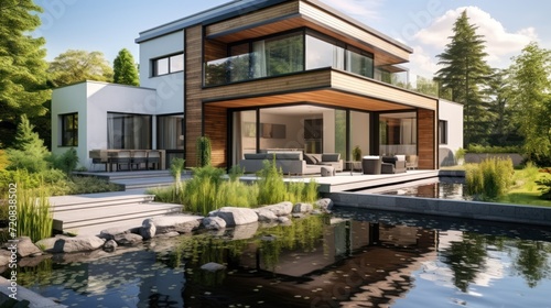 3d rendering of modern cozy house with pool and parking for sale or rent in luxurious style and beautiful landscaping on background. Clear sunny summer day with blue sky. Generative AI