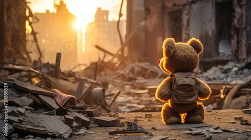 Fototapeta Naklejka Na Ścianę i Meble -  A teddy bear toy over the city burned in the aftermath of war conflict