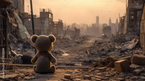 A teddy bear toy over the city burned in the aftermath of war conflict photo
