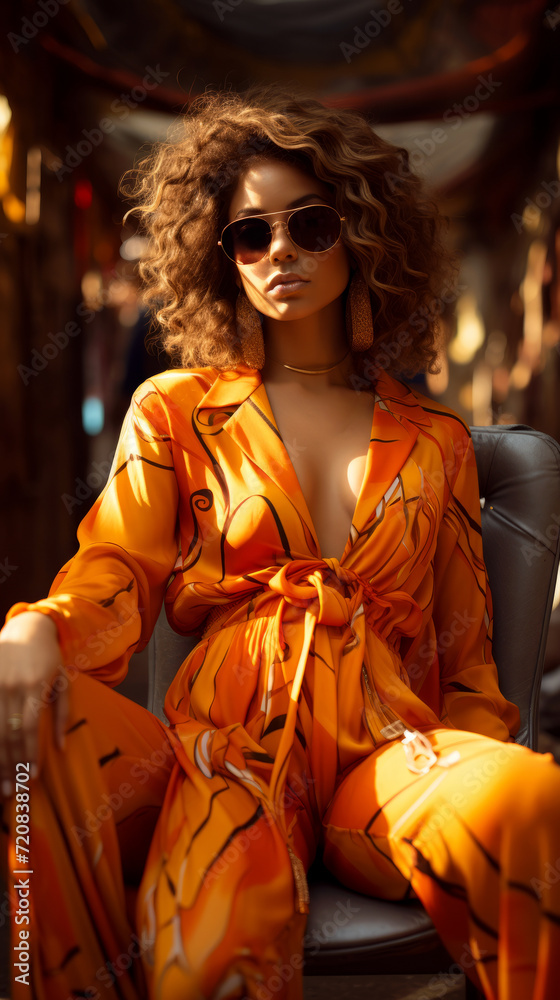 fashion cover of attractive African American black woman in trendy sunglasses and orange outfit