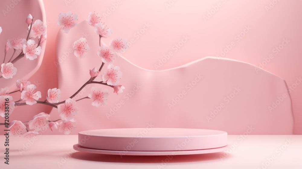 3d render of pink podium for product display with cherry blossom. Generative AI