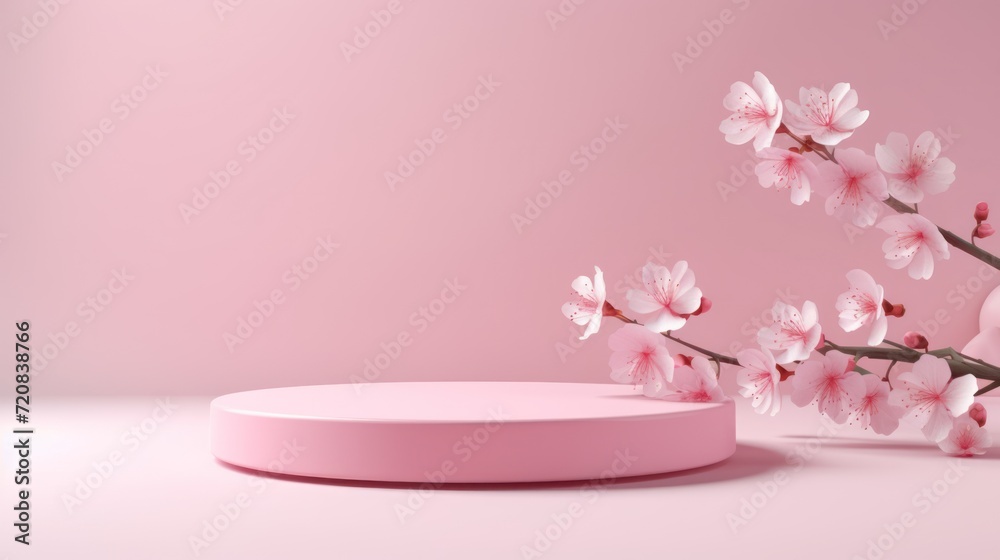 3d render of pink podium for product presentation with cherry blossom. Generative AI