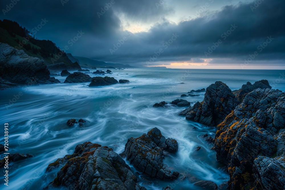 Early morning dawn seascape, overcast, rocks on shore, moody, dark, background, isolated, Celtic, Ireland Early morning dawn seascape, overcast, rocks on shore, moody, dark, background, isolated, Celtic, Ireland